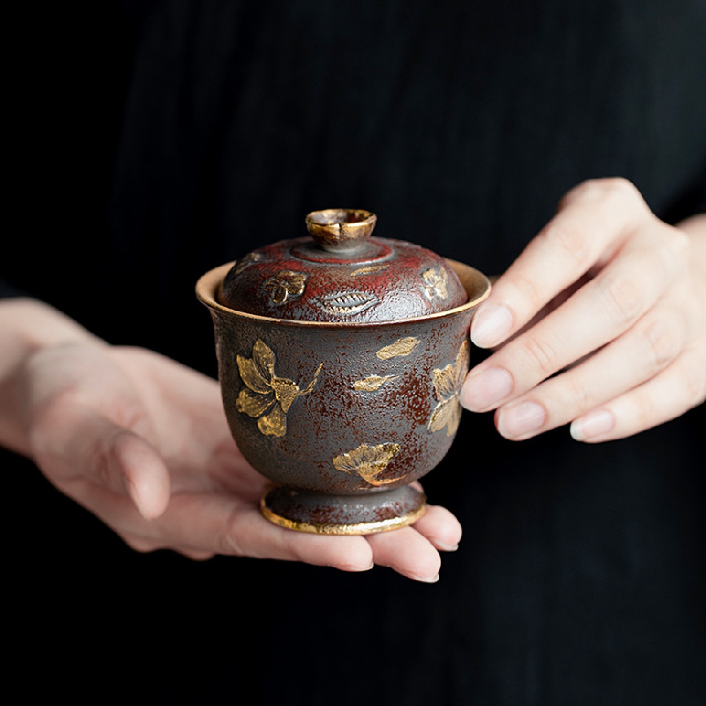 昌朴居老岩泥铁锈红赤金染春盖碗粗陶中式二才碗家用古朴陶瓷泡碗