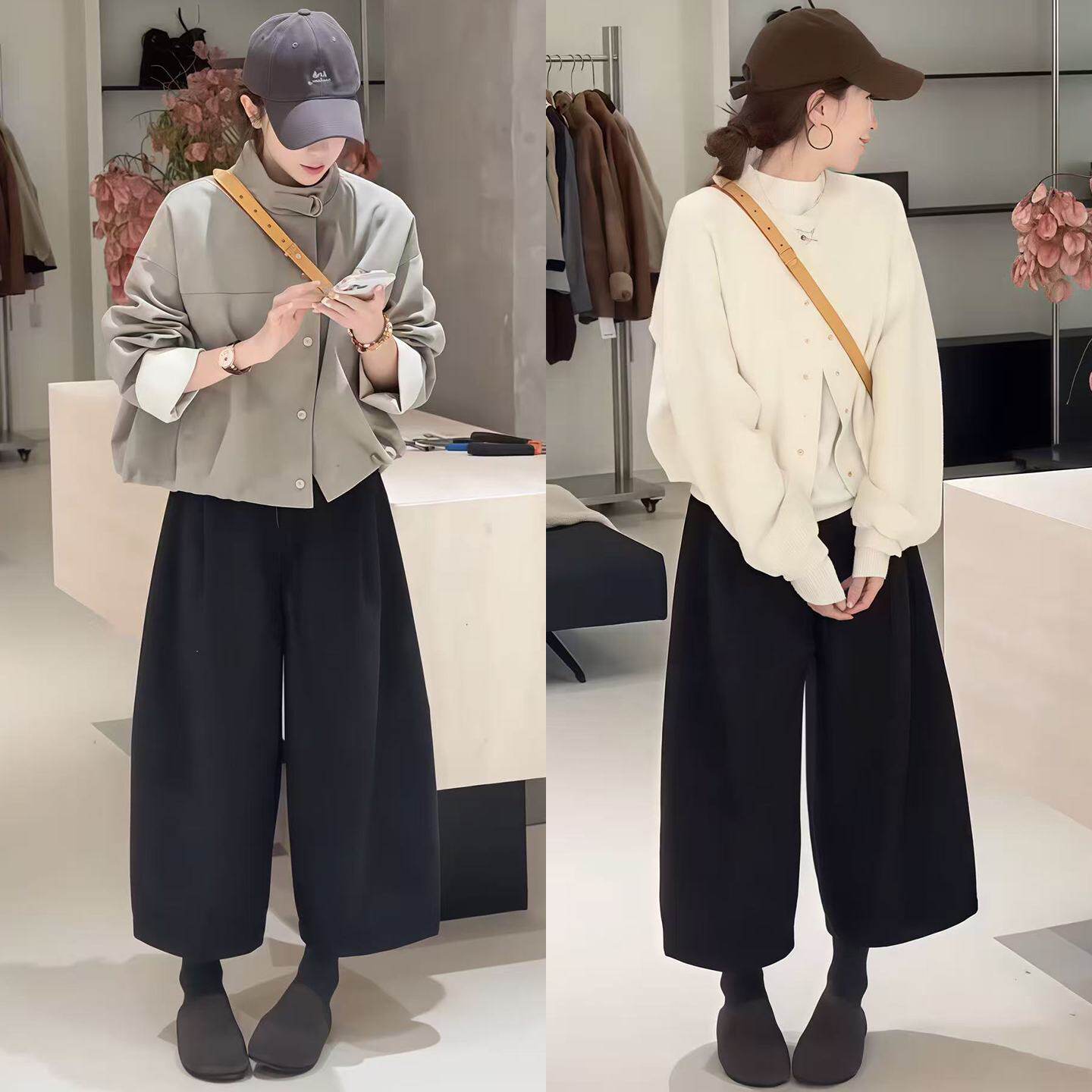 毛呢加绒阔腿裤女秋冬季高腰显瘦西装裤小个子休闲八分直筒奶奶裤