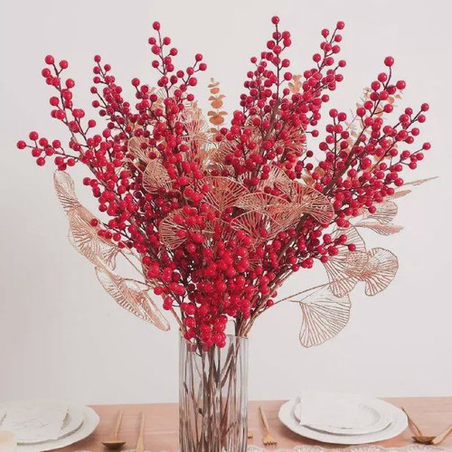 Artificial Red Berry Flowers Bouquet Fake Plant for Home Vas