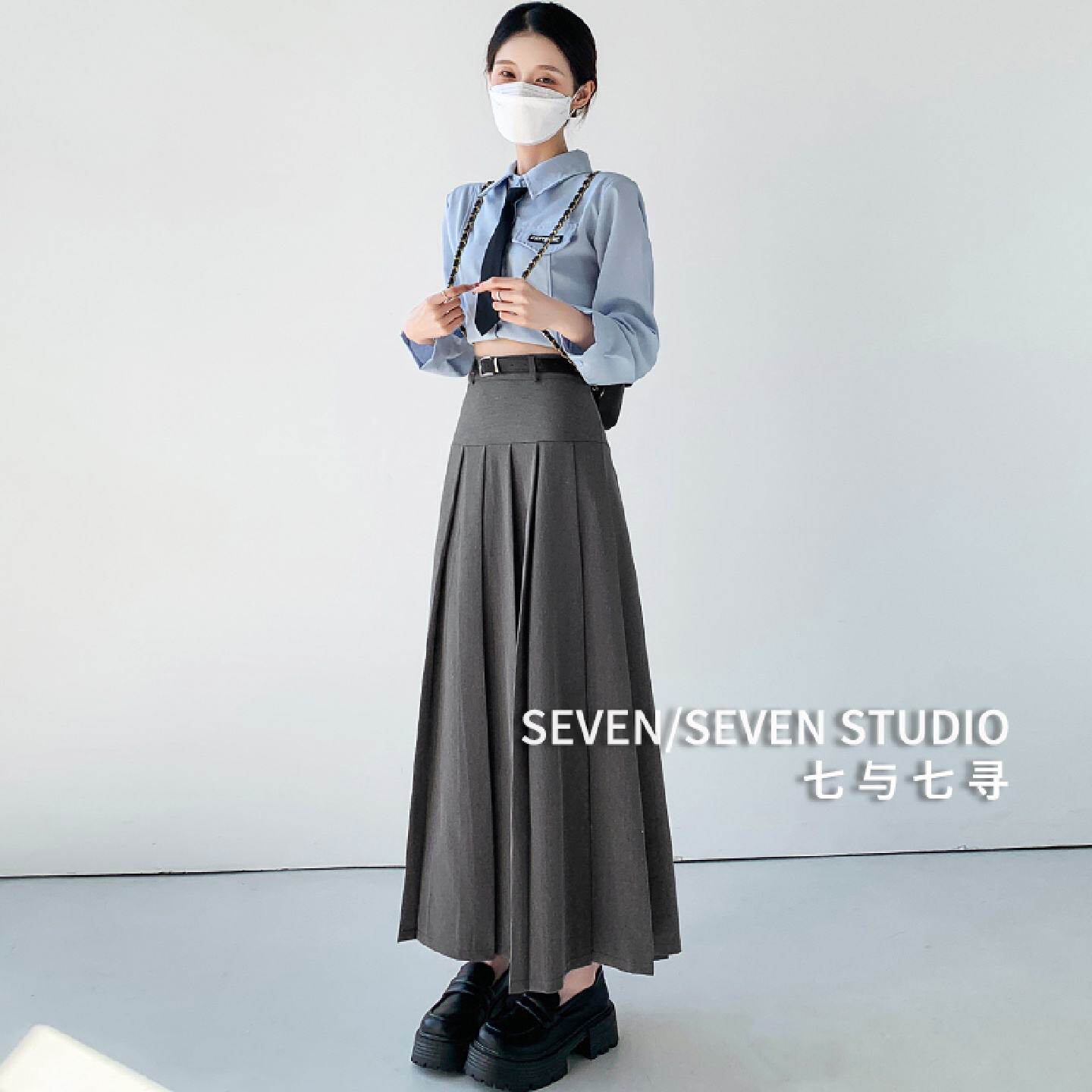 灰色西装半身裙女春秋冬季高腰显瘦a字小个子学院风中长款百褶裙