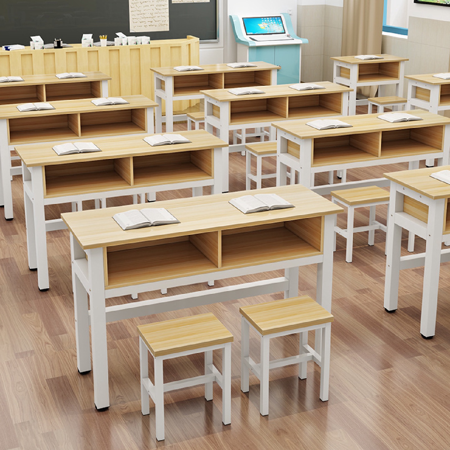 学生课桌双层带抽屉单人双人三人位辅导班培训课桌椅书法桌凳批发