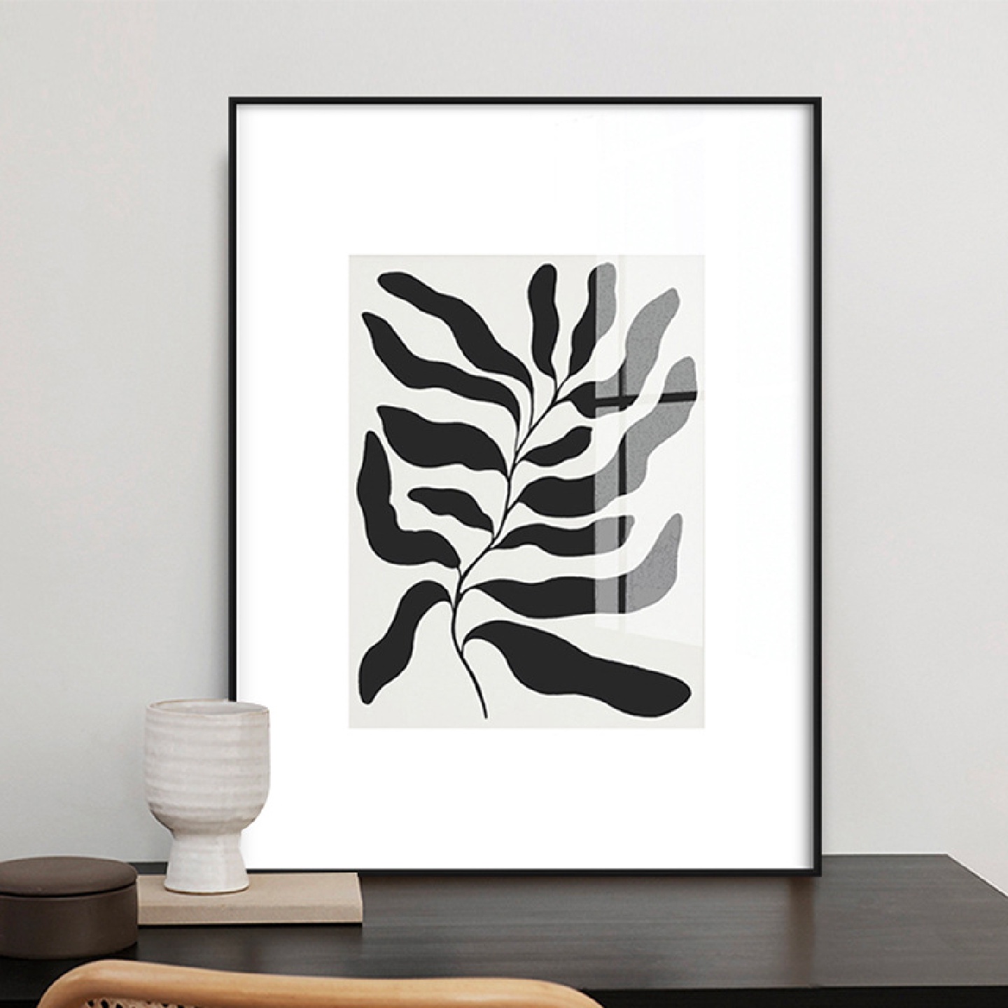 黑白抽象植物树叶装饰画北欧现代简约客厅挂画小众小清新艺术壁画图片