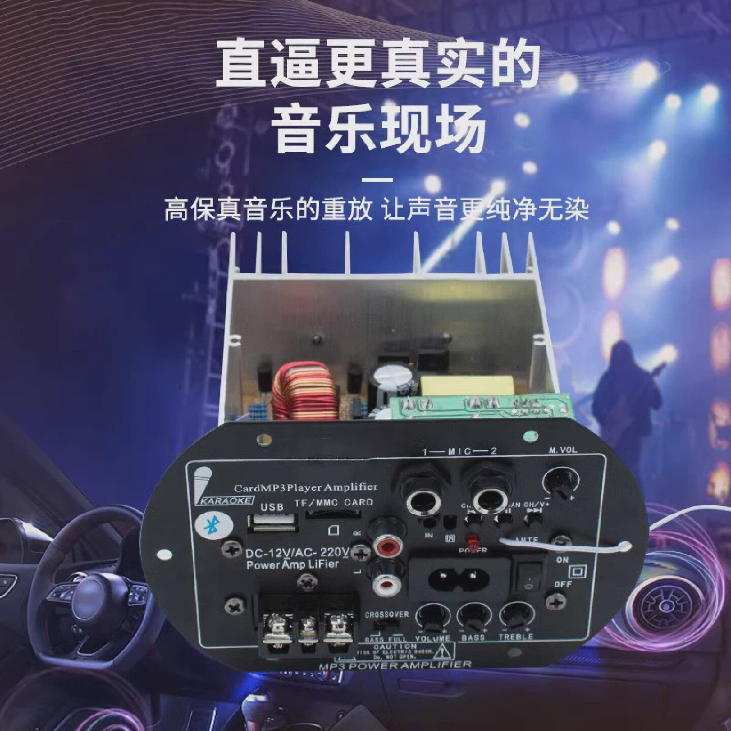进口管双话筒插孔大功率功放板内置蓝牙12V220V8-10寸大功率管用