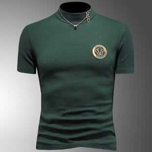 潮牌刺绣半高领短袖恤男装秋冬加厚薄绒恤半袖内搭打底衫潮男装简