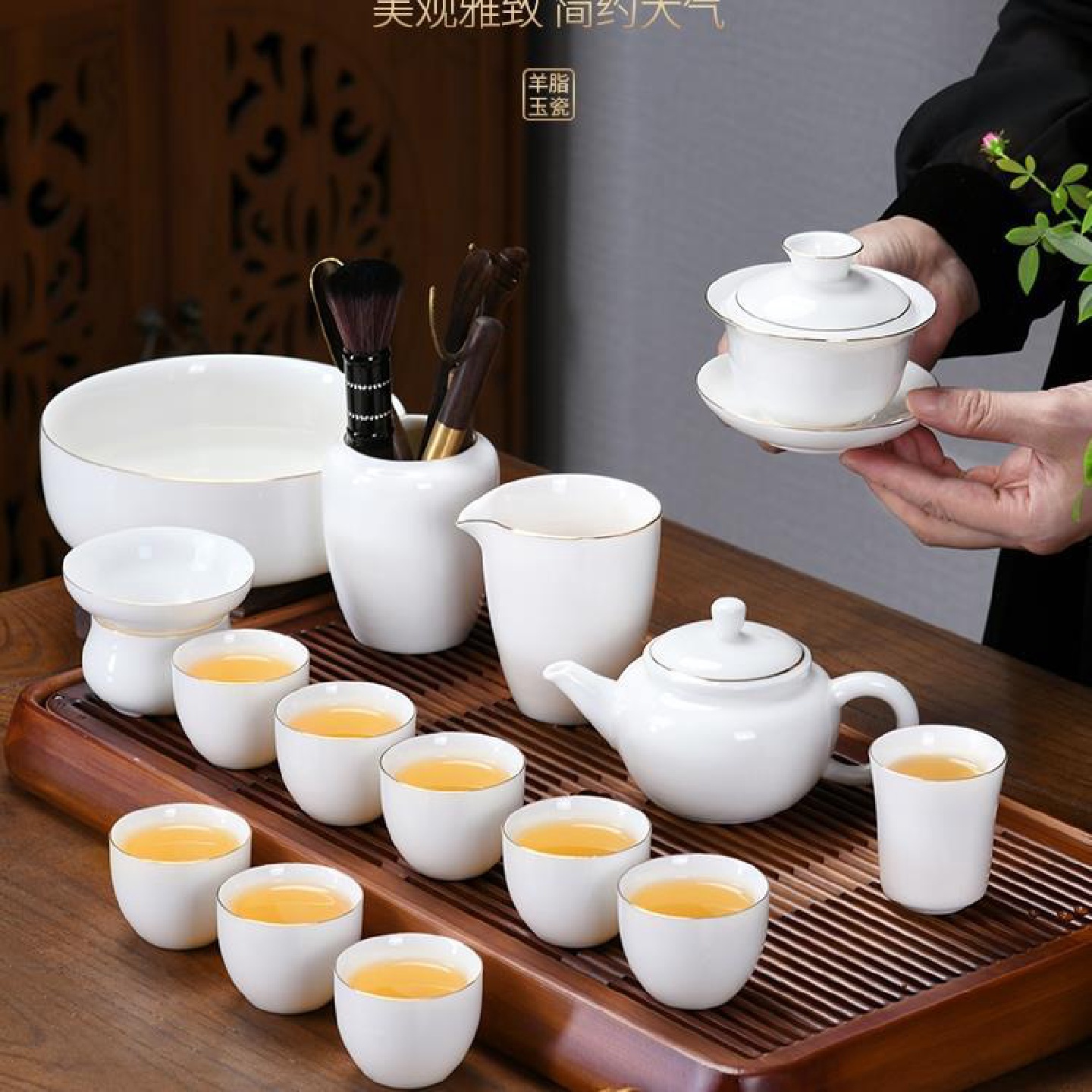 德化羊脂玉白瓷功夫盖碗茶具套装家用轻奢办公泡茶壶茶杯送礼