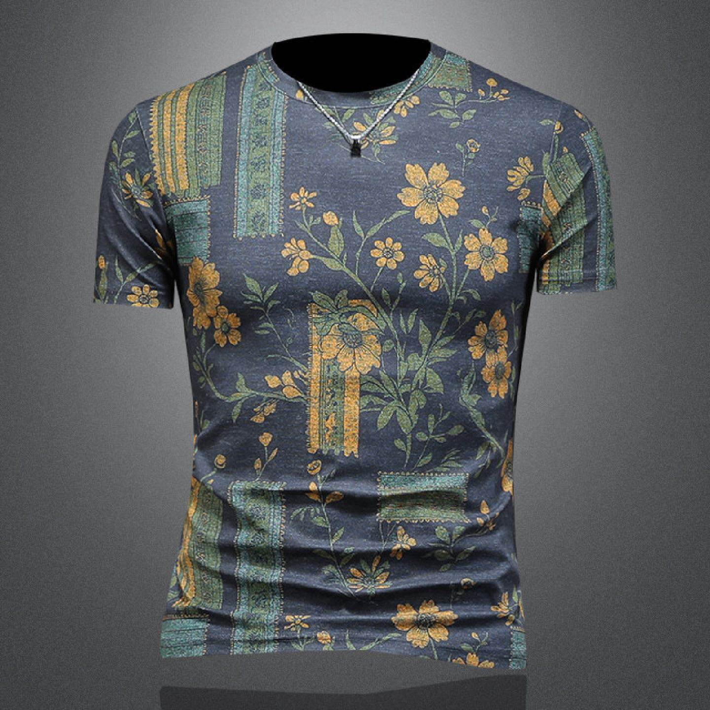 夏装新款男士圆领短袖恤衫个性印花修身潮流休闲中青年百搭潮男装