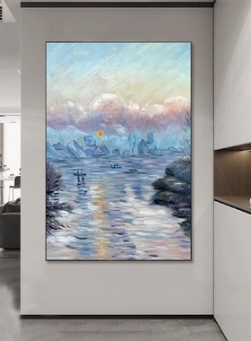 现代天空山水风景纯手绘壁画油画蓝色大海客厅装饰画抽象肌理