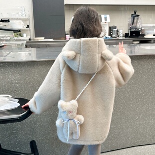 女童加绒外套冬装新款童装中大童仿水貂绒衣服儿童冬季毛毛衣加厚