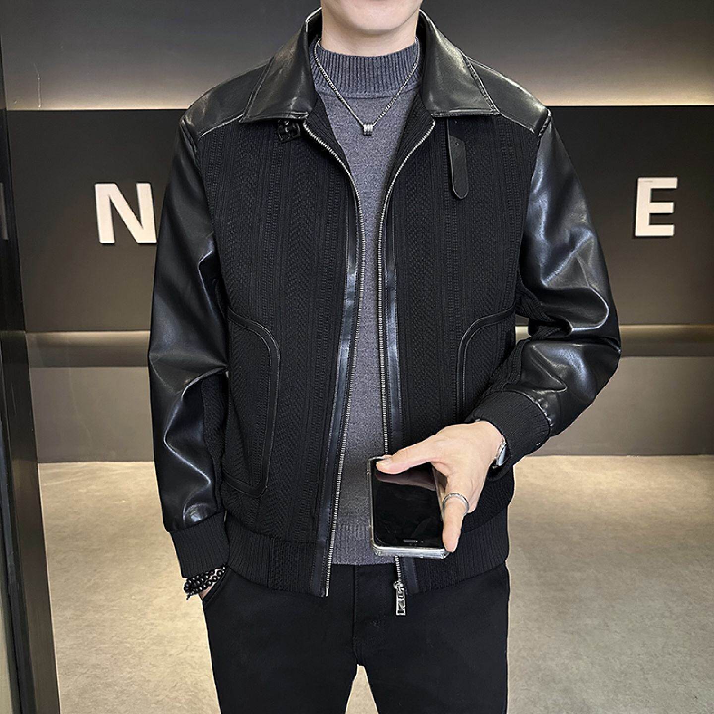 2026欧洲站皮夹克外套男秋冬季新款轻奢潮牌拼接痞帅夹克男装短款