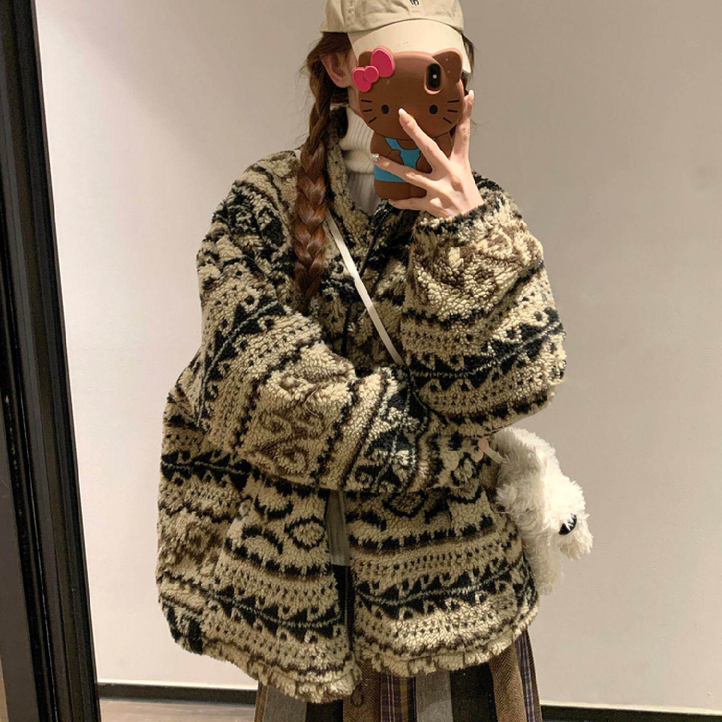 美式复古羊羔毛外套女秋冬短款宽松洋派皮毛一体摇粒绒棉服厚上衣