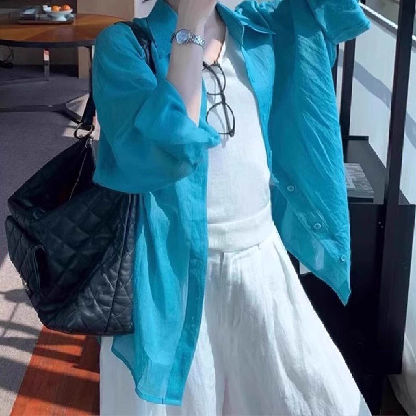 湖蓝色时尚防晒衬衫女外搭设计感春夏独特超好看宽松chic长袖上衣