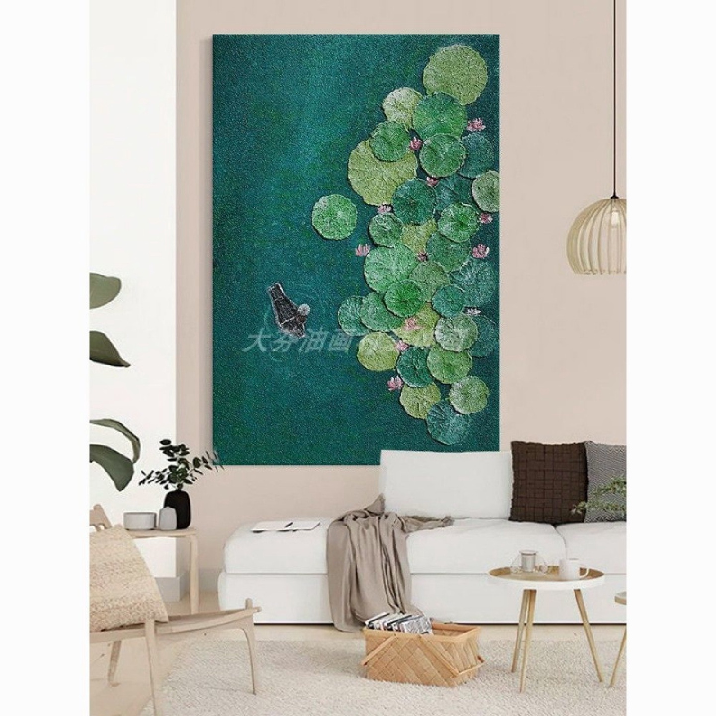 顺丰客厅好运莲莲手绘油画玄关绿色荷花叶肌理装饰壁画立体装饰画图片