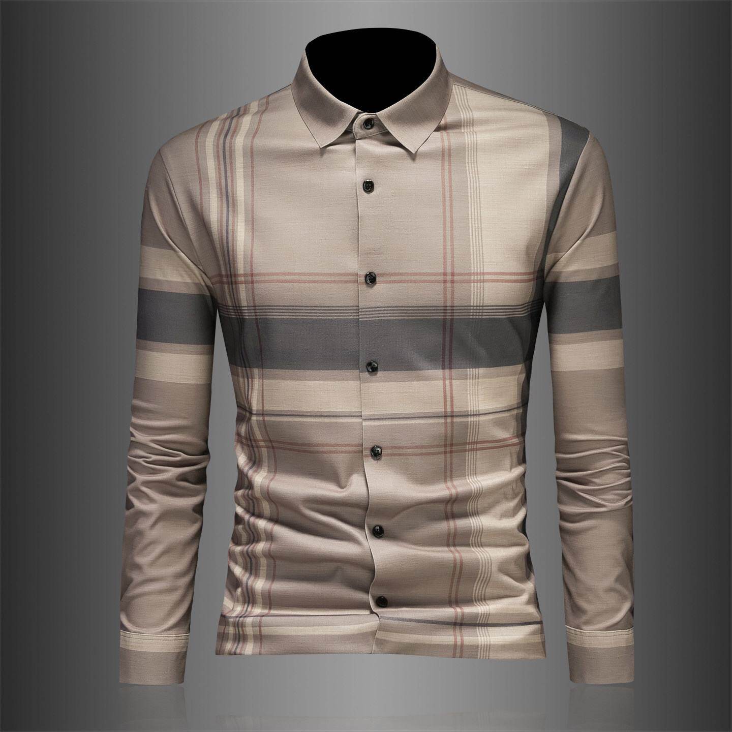 2026欧洲站格子休闲衬衫男长袖春秋季新款韩版修身英伦高端免烫衬