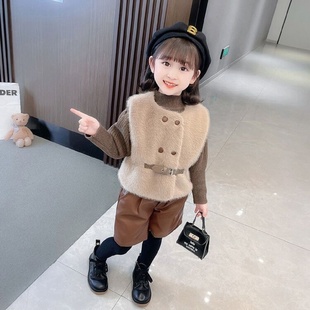 女童套装秋冬装2025新款洋气时髦网红炸街儿童皮草马甲短裤三件套