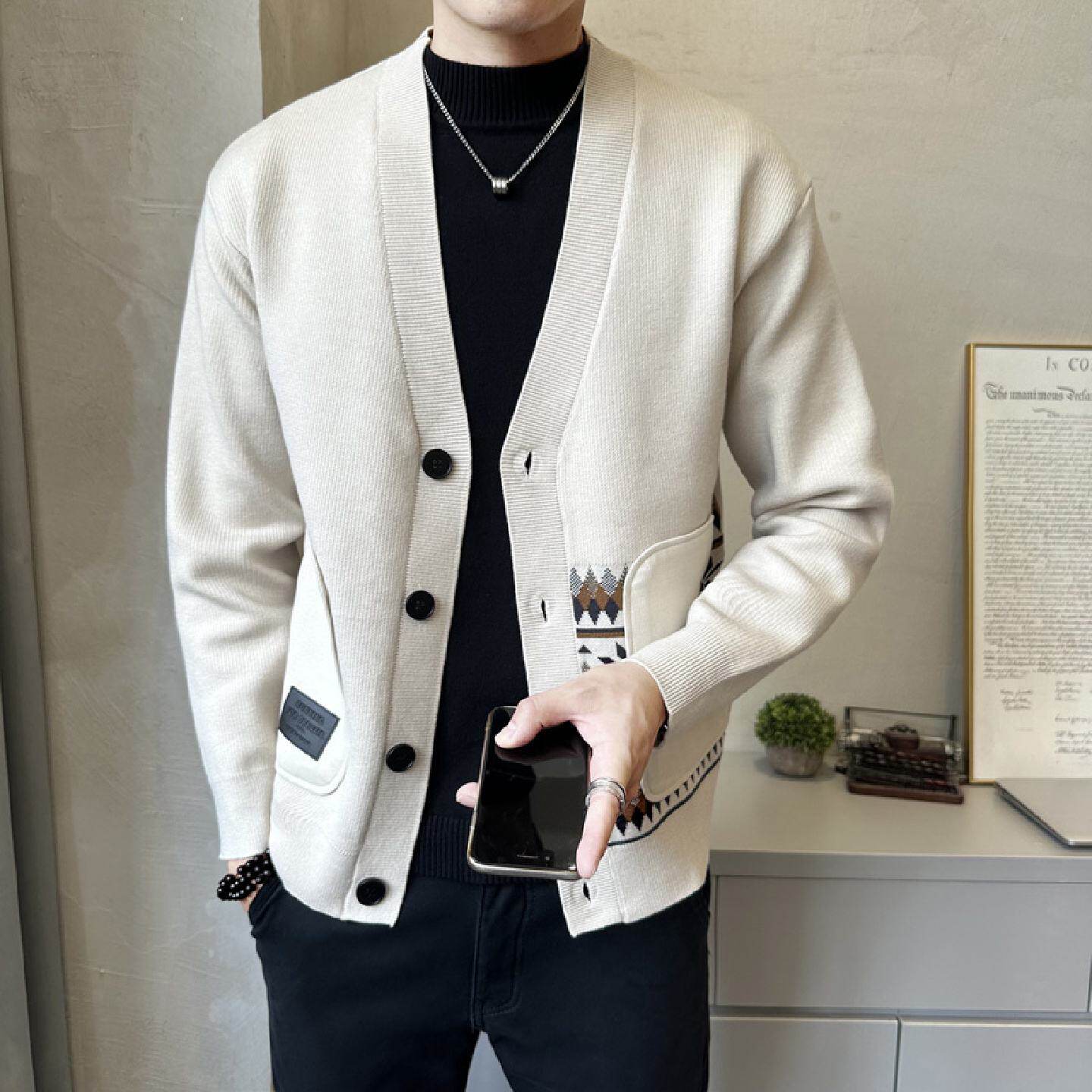 2026欧洲站秋冬季新款男士针织开衫外套时尚潮流休闲领毛衣潮上衣