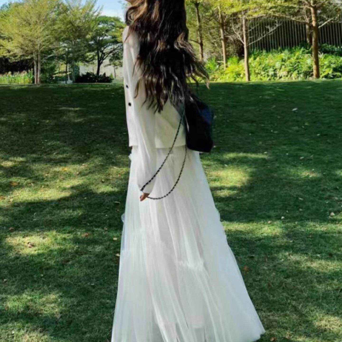 白色网纱a字裙半身裙仙女2025新款夏纱裙女半身高腰长款显瘦垂感