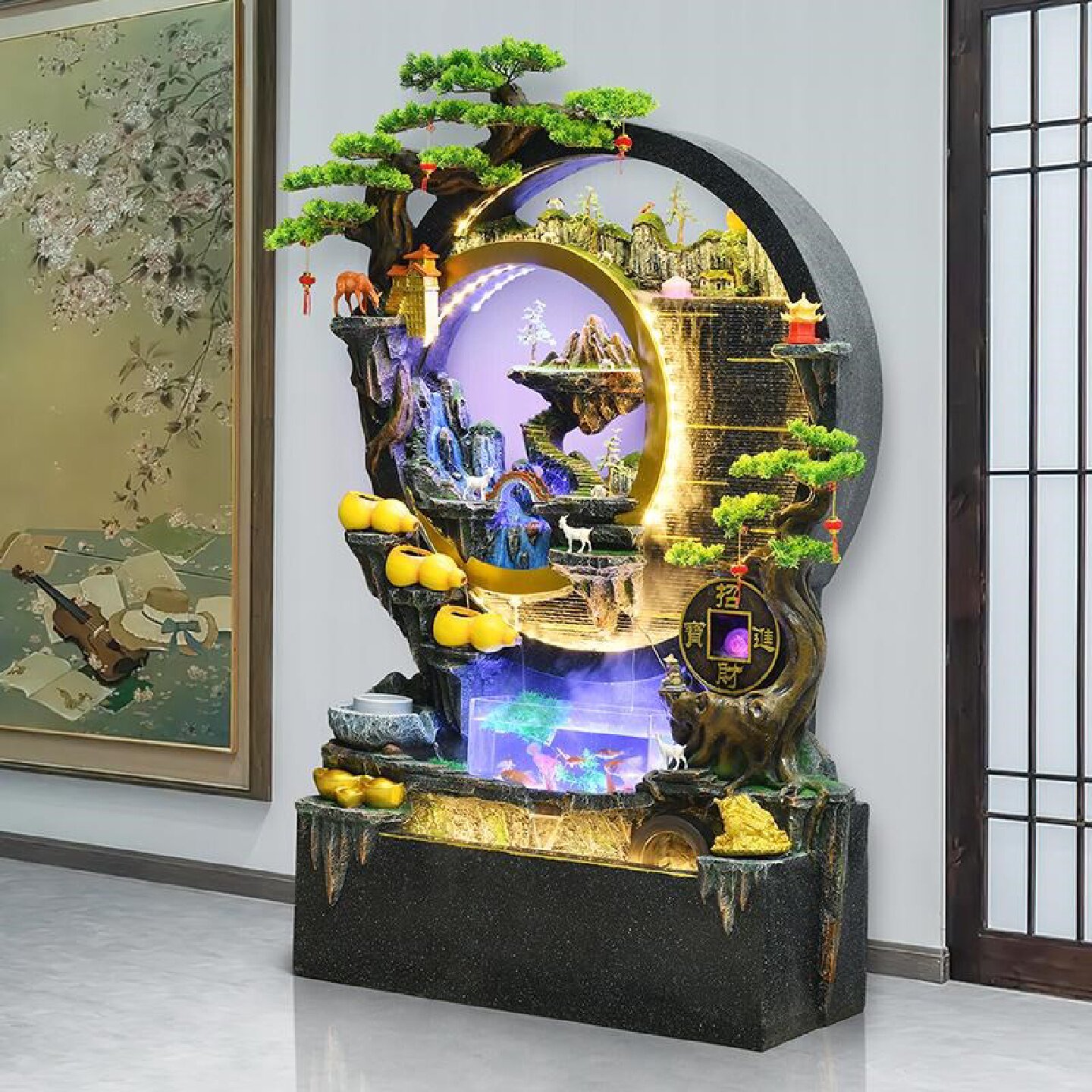 圆形水幕墙入户玄关招财喷泉景观葫芦装饰落地假山流水摆件循环水