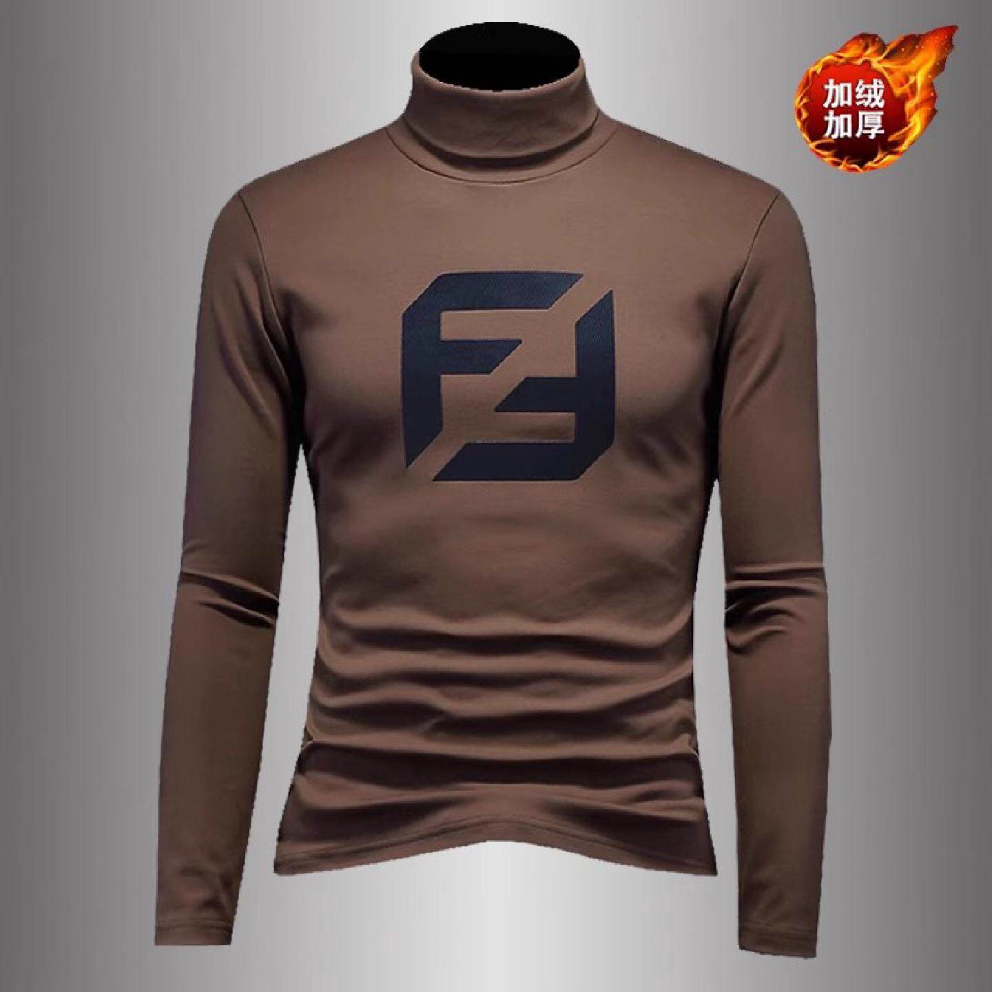 加绒长袖恤男士高领打底衫秋冬潮牌印花修身体恤小衫纯棉内搭厚潮