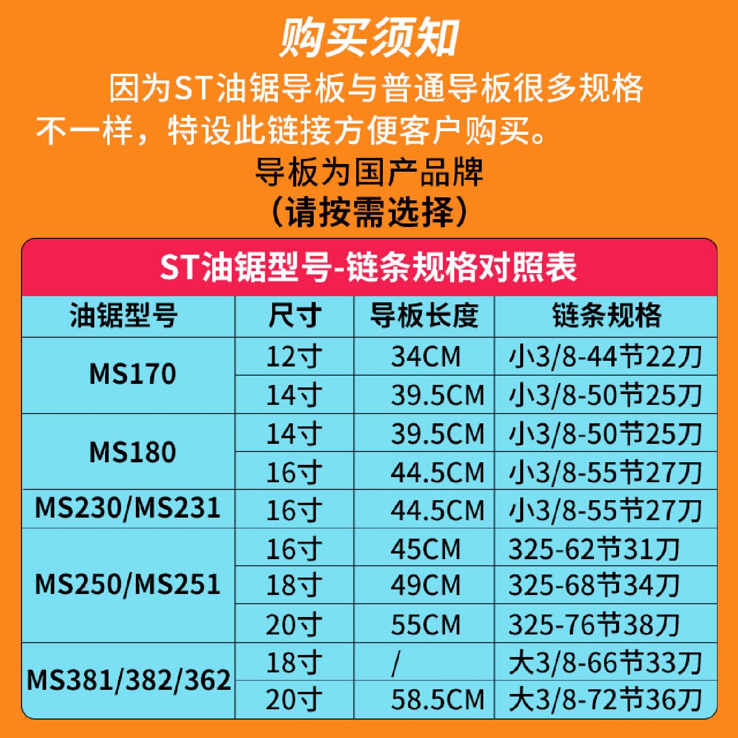 ST油锯导板链条配件大全170180251250帝尔381伐木锯382A