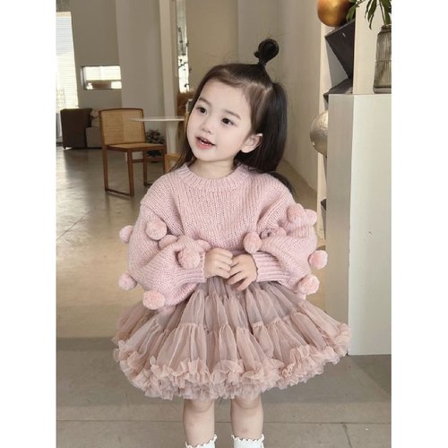 tuttu裙公主风裙女童蓬蓬裙奶茶色秋冬毛球针织上衣套头毛衣套装