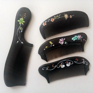 手工彩绘禅意木梳立体高堆漆画檀木梳加厚整木防静电手柄手绘梳子
