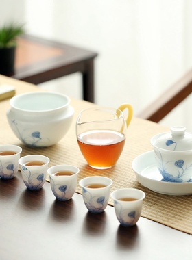 景德镇高温玉泥茶具套装手绘青花白瓷茶具家用功夫品茗杯陶瓷茶杯