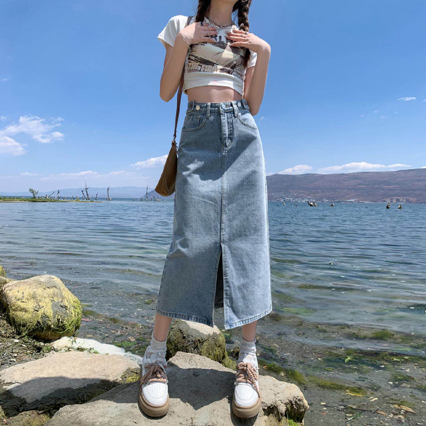 牛仔半身裙女夏装2025新款浅色长裙高腰前开叉小个子显瘦a字半裙