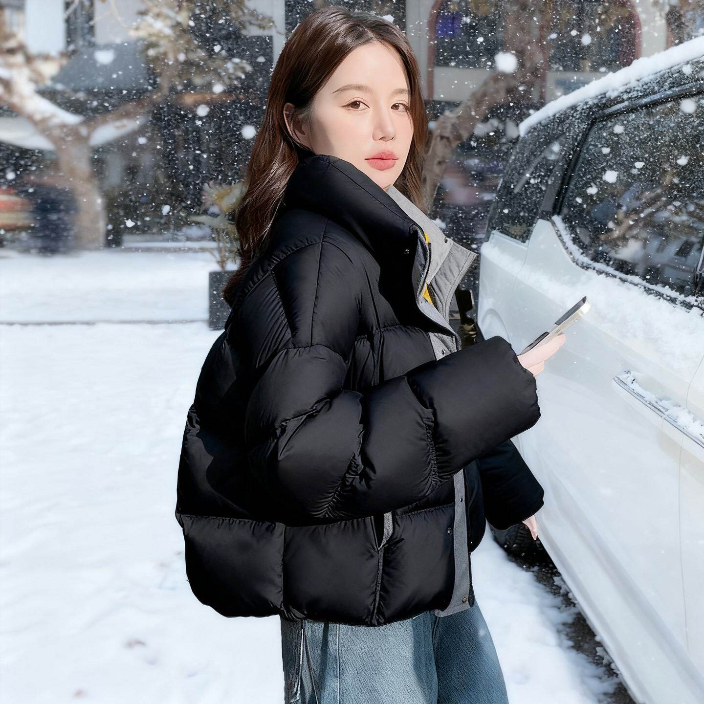 鹅绒立领短款羽绒服女2026冬季新款黑色面包服小个子冬装保暖外套