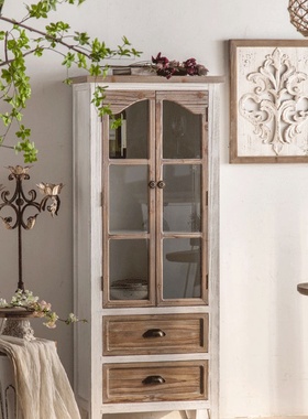 美式复古实木书柜落地玻璃门家用客厅法式餐边柜高柜一体靠墙立柜