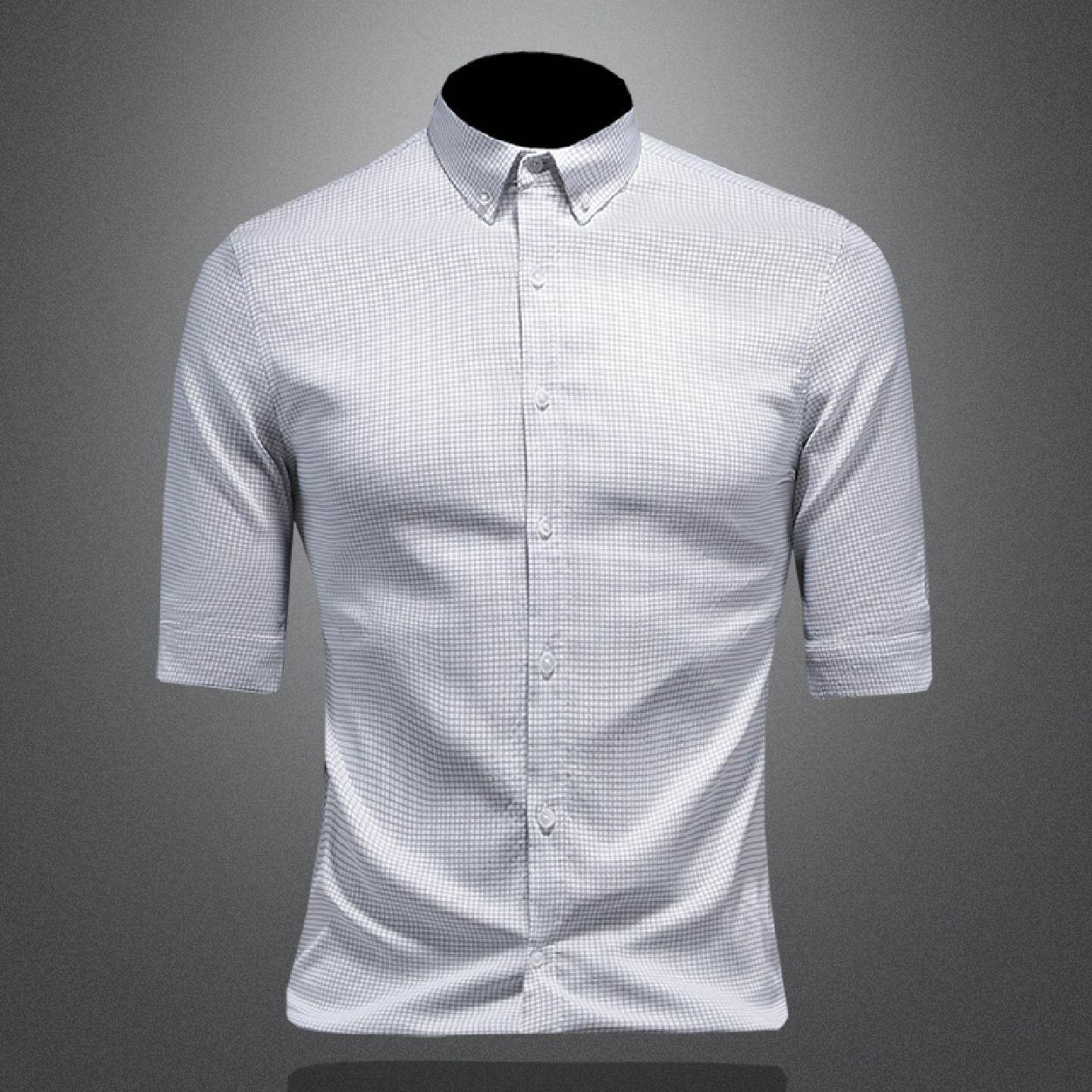 千鸟格衬衫男短袖高级感夏季新款修身七分袖衬衣商务休闲中袖寸衫