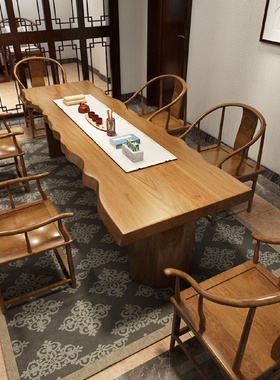 茶室酒楼会客自然边茶道桌新中式实木茶桌办公室大板原木泡茶桌