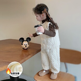 女童加绒套装2024新款中小童洋气加厚保暖夹棉马甲毛衣裤子三件套