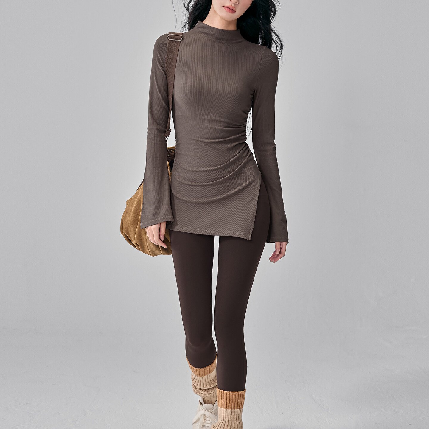 秋冬长袖瑜伽服女修身显瘦健身服不对称设计遮臀普拉提运动上衣新