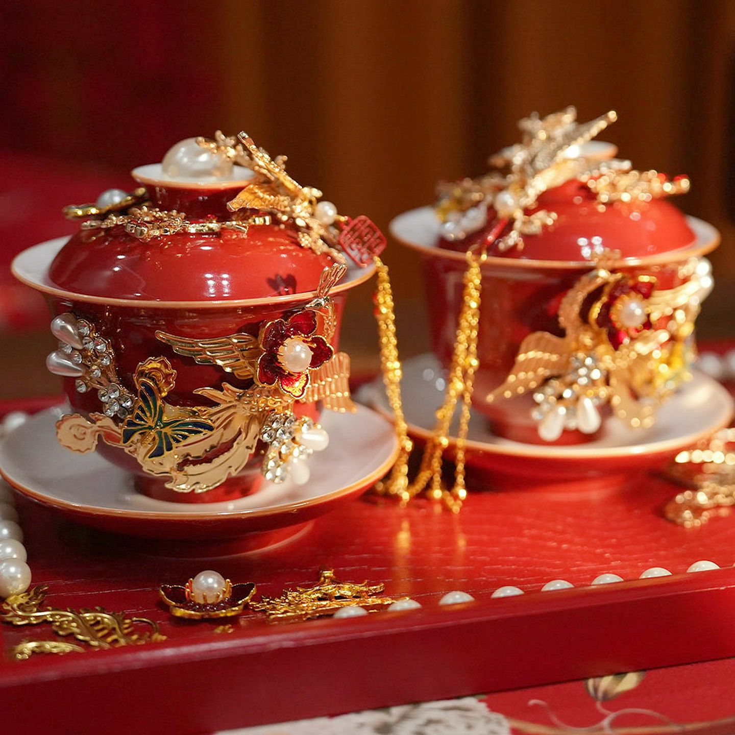 敬茶杯套装结婚用品大全婚礼改口茶具红碗筷女方陪嫁喜碗对碗杯子