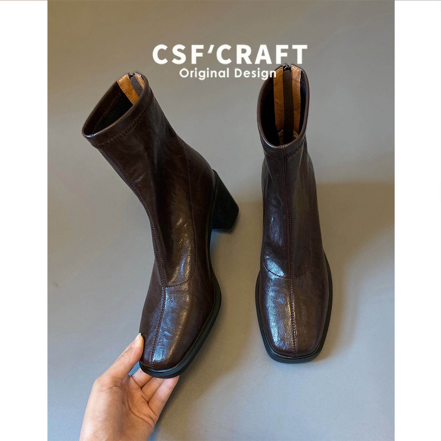 牛皮版高跟短靴女2025秋冬新款方头马丁靴小个子复古粗跟瘦瘦靴