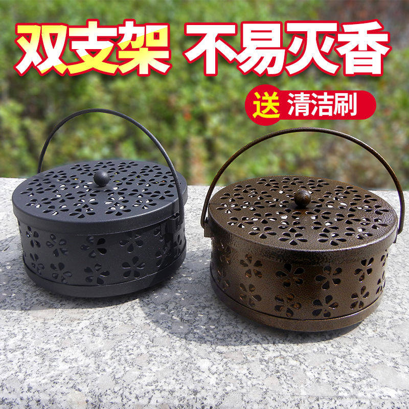 仿古带盖蚊香盒盘架 防火安全家用户外便携镂空香薰檀香炉送