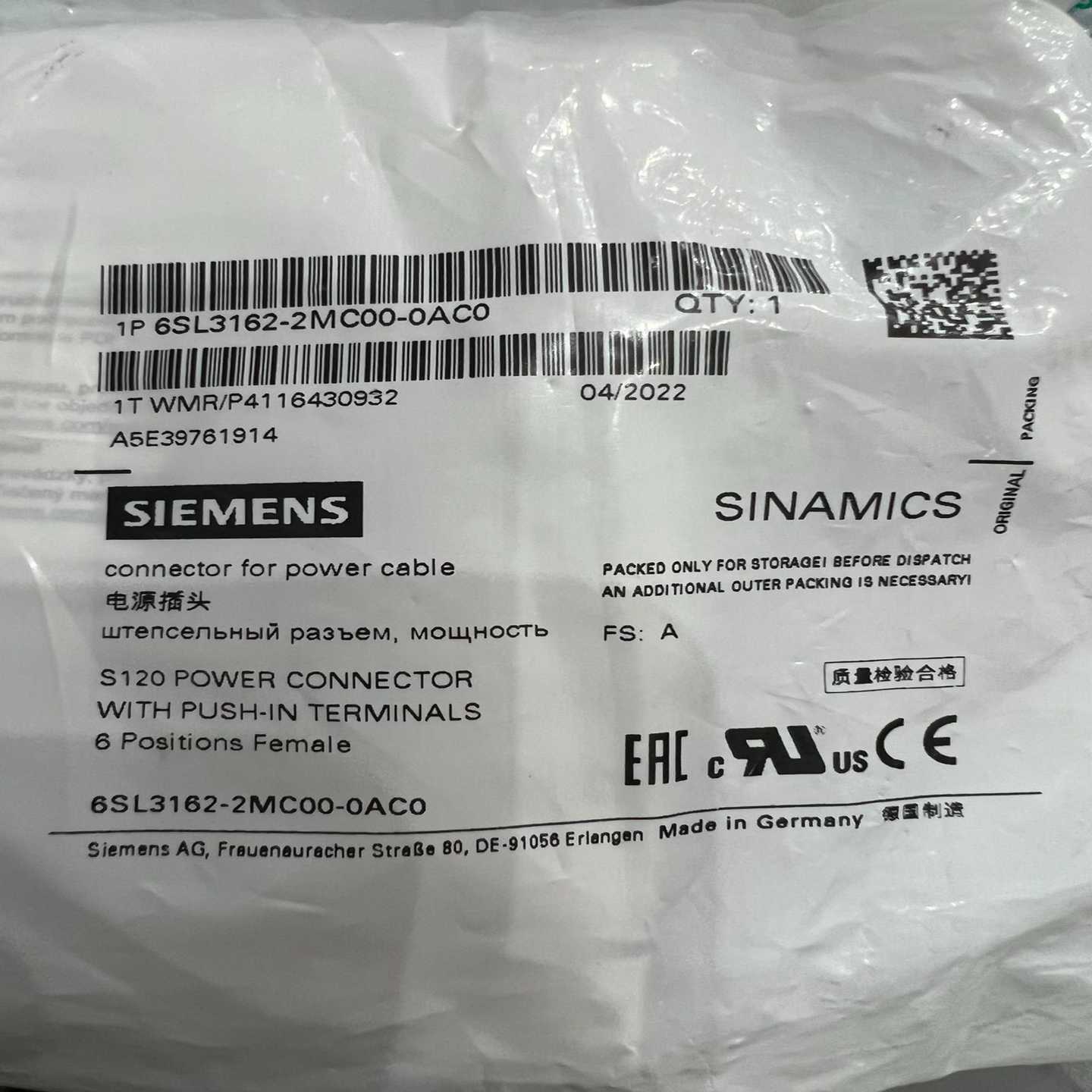 电源插头6SL3162-2MC00-0AC0询价