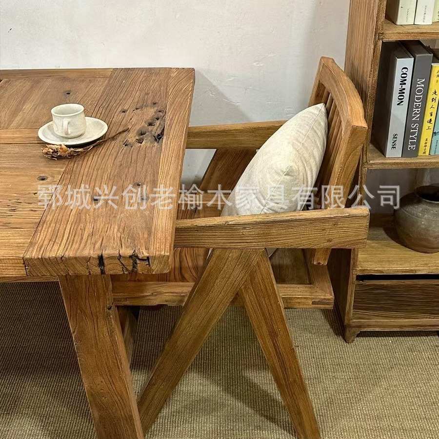 老榆木实木餐桌椅组合民宿风化长方形饭桌工作台洽谈桌子咖啡桌子