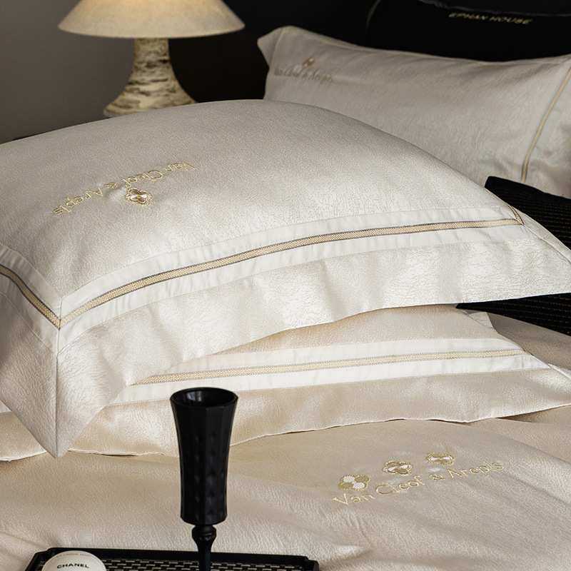 高奢鎏金超柔厚织天丝棉四件套别墅款轻奢套件纯色刺绣被套床单