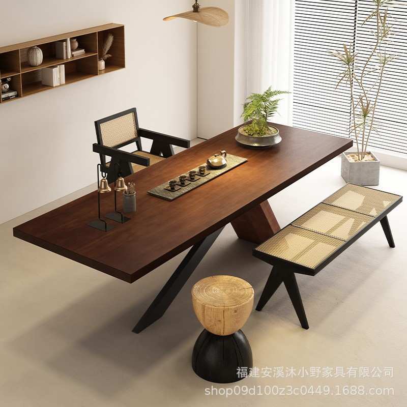 实木茶桌餐桌两用老板办公桌茶桌一体设计师款茶桌原木大板泡茶桌