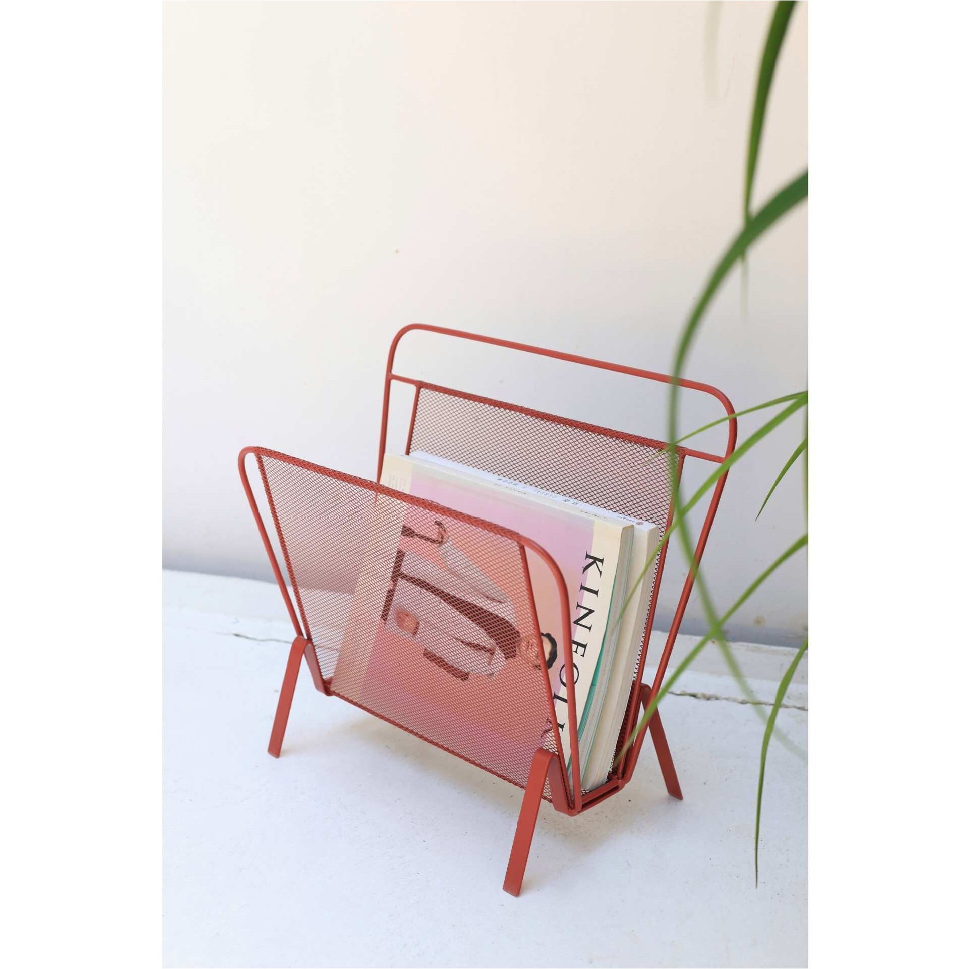 红色金属网面书报架杂志架可移动中古复刻复古简约