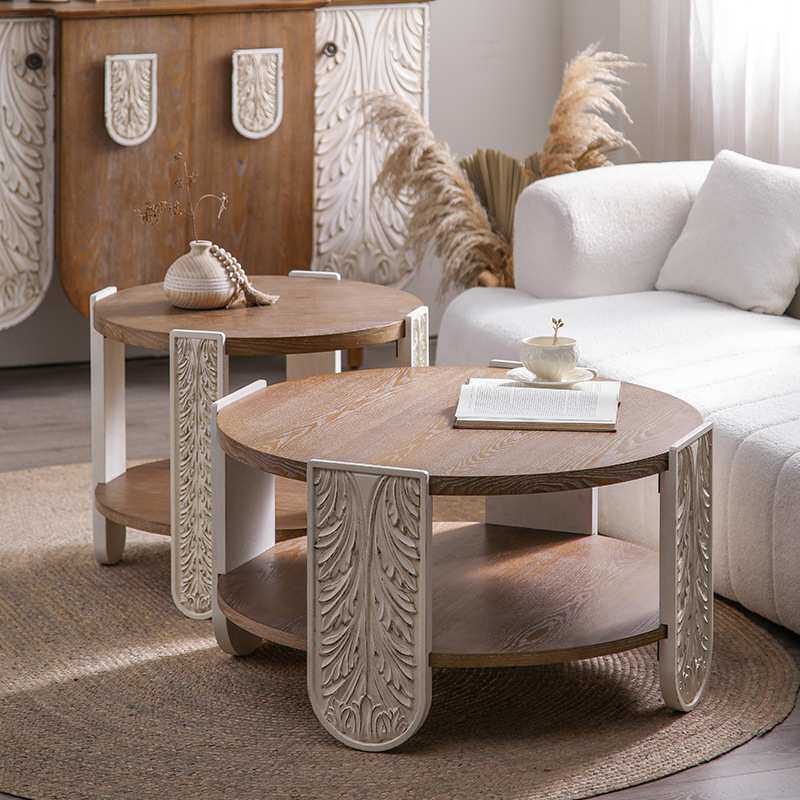 复古风小户型客厅茶几公司大厅洽谈桌个性创意实木茶桌阳台圆边几