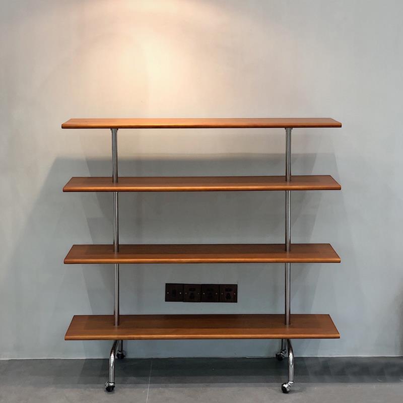 中古设计师收纳架复古多层置物架落地架带轮小推车实木不锈钢书架