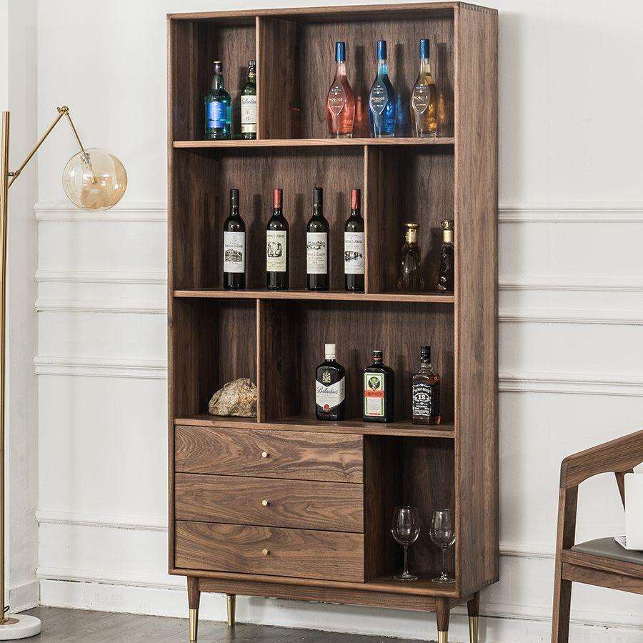 北欧黑胡桃书柜抽拉式现代轻奢纯实木置物架简欧落地书架书桌