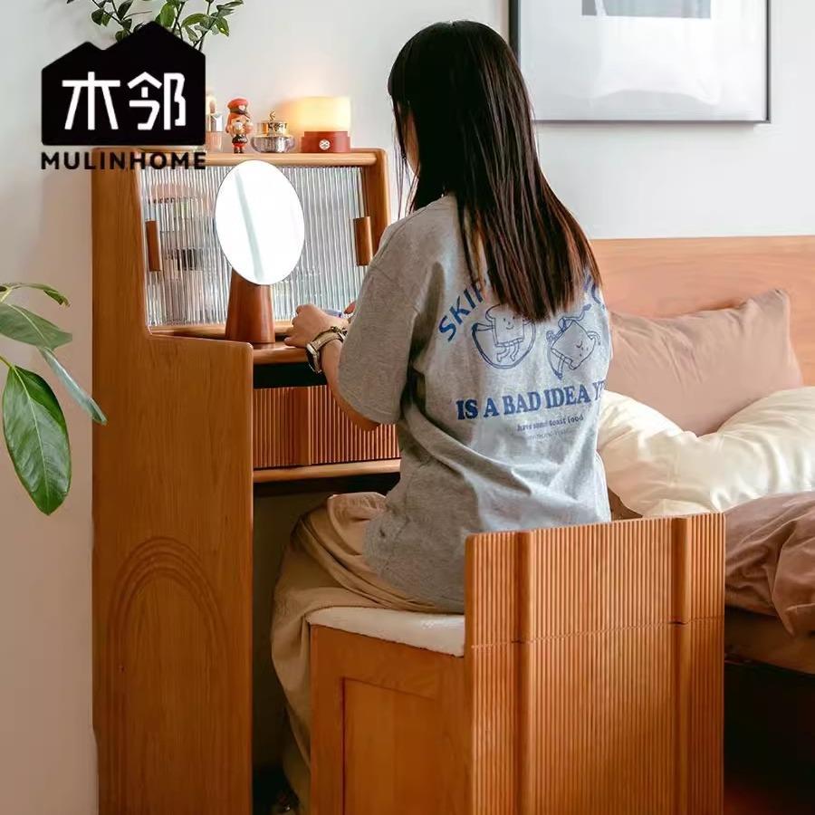 木邻巴比松梳妆台卧室樱桃木小型化妆台实木化妆桌收纳柜一体带凳
