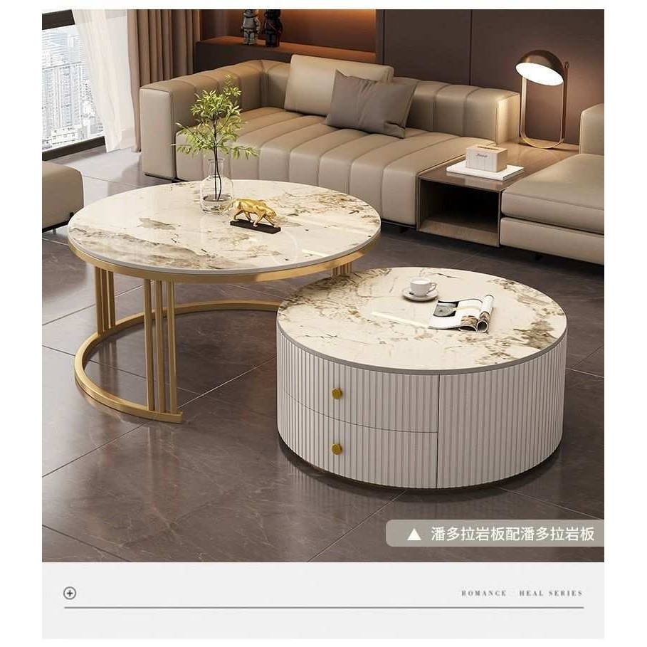 茶几轻奢简约现代客厅家用小户型卧室网红大理石组合圆形小茶几桌