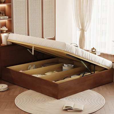 米尔斯爆款热卖1米5榻榻米落地床胡桃色实木床双人气压高箱储物床