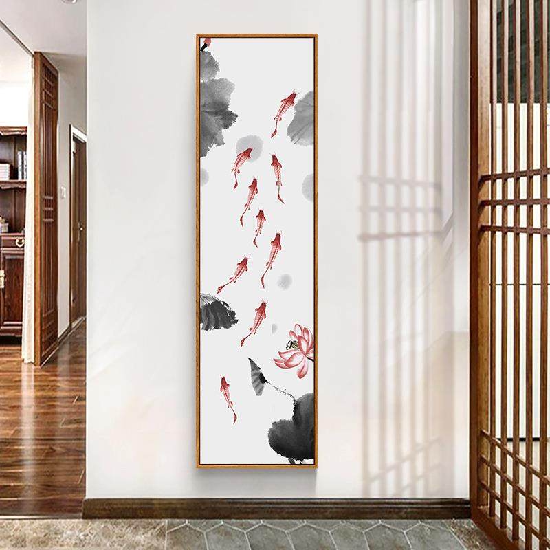 良居新中式禅意玄关装饰画原木风壁画走廊挂画竖版九鱼图荷花