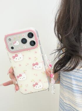 可爱白底满屏花花KT猫咪适用苹果17promax手机壳iphone16promax新款15女款大视窗网红创意全包气囊防摔保护套