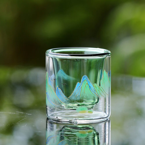 千里江山茶杯品茗双层玻璃主人杯